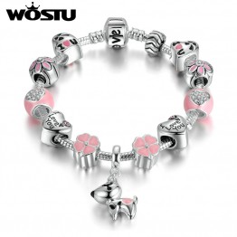 Cute Pink Pet Dog Silver Charm Bracelet 