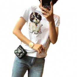  Sequined Dog Embroidered Cotton T Shirt 