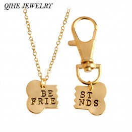 2pcs/set Gold Silver Color Dog Bone Best Friends Charm Necklace & Keychain 